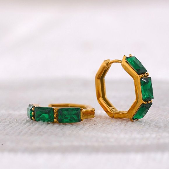 Green Zircon Small Hoop Earrings Bamboo Shape 18K Gold Plated Stainless Steel - Picture 4 of 9
